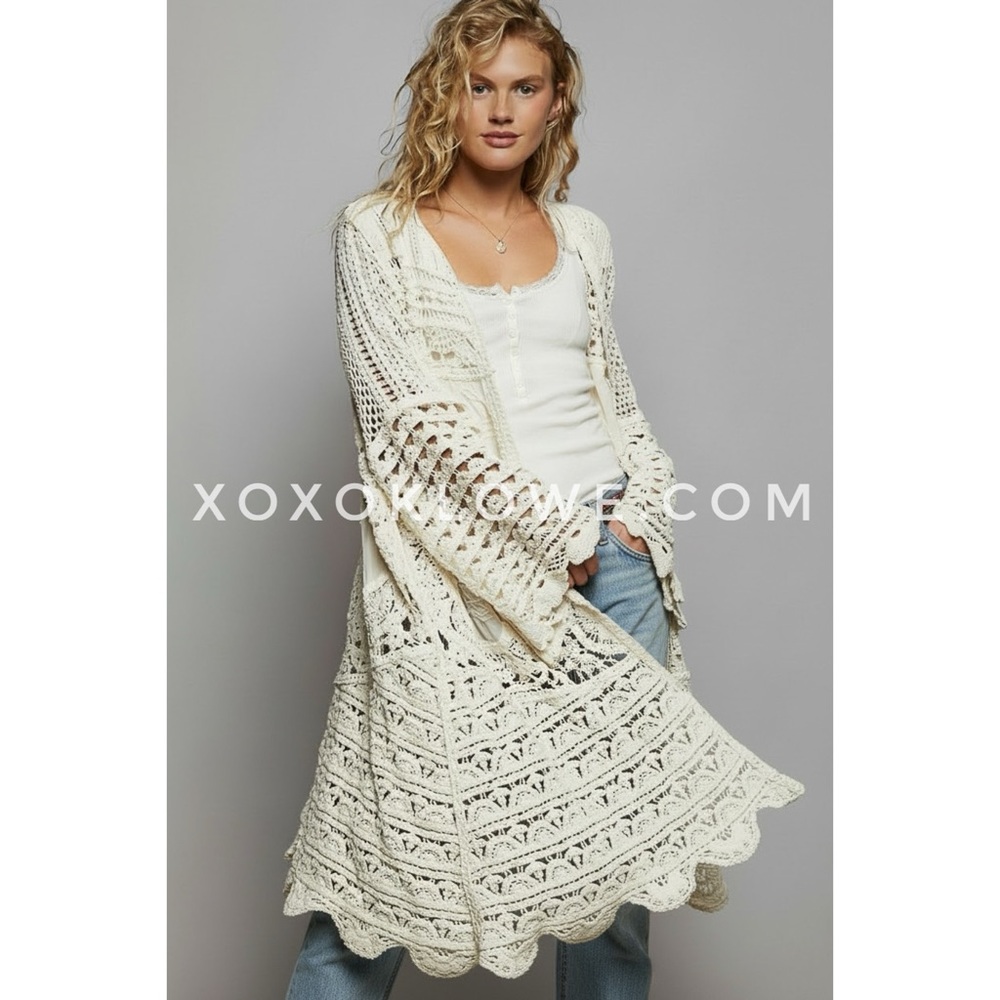 POL Cream Chenille Crochet Duster Cardigan | Long Open Knit Embroidered Boho - Picture 1 of 10